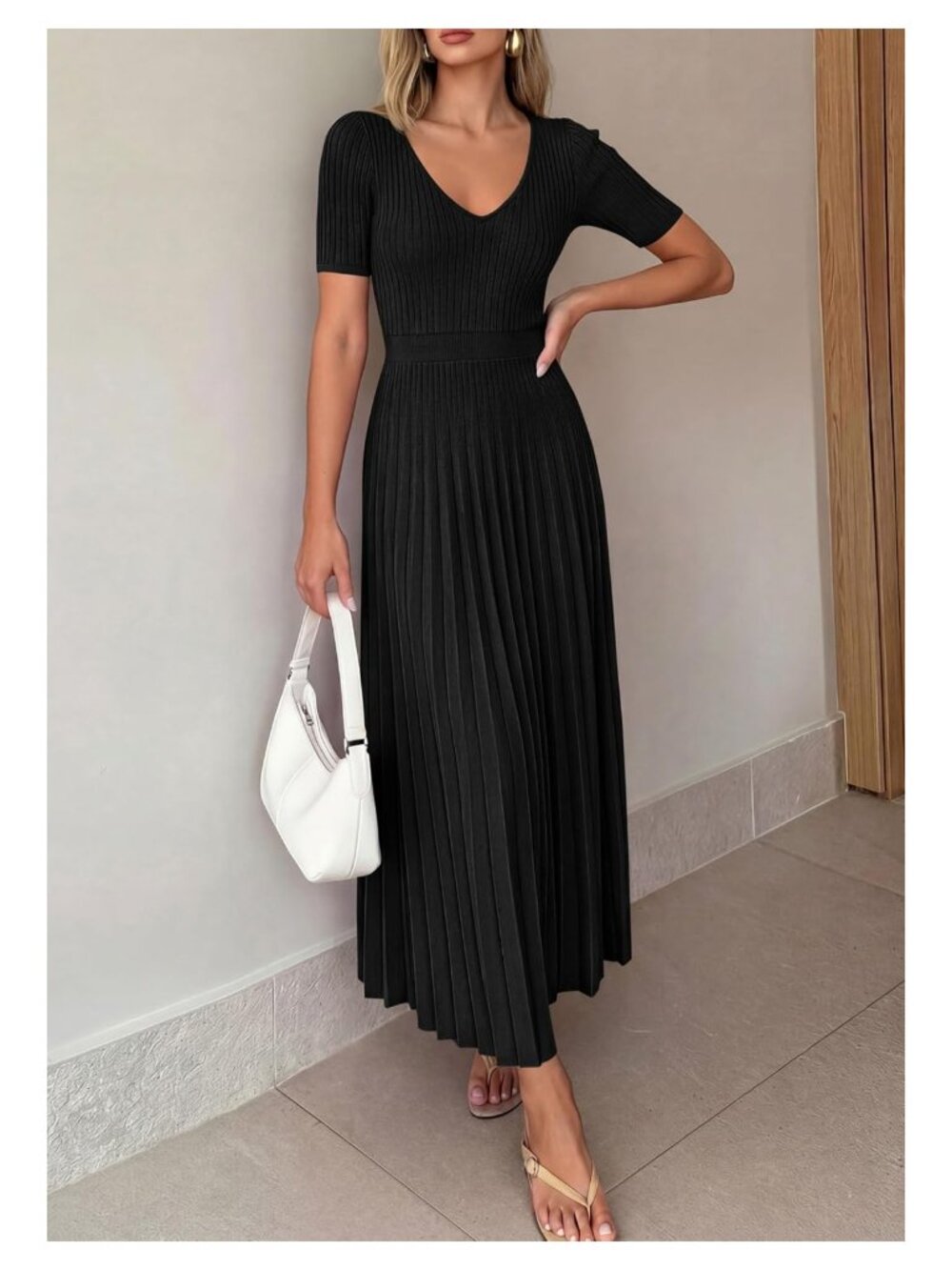 Women's V-Neck Pleated Midi Sweater Dress Short Sleeve Knit A-Line - Picture 5 of 7